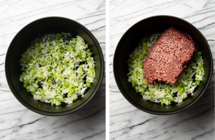 sauteeing celery and onions and browning ground beef for hamburger stew recipe