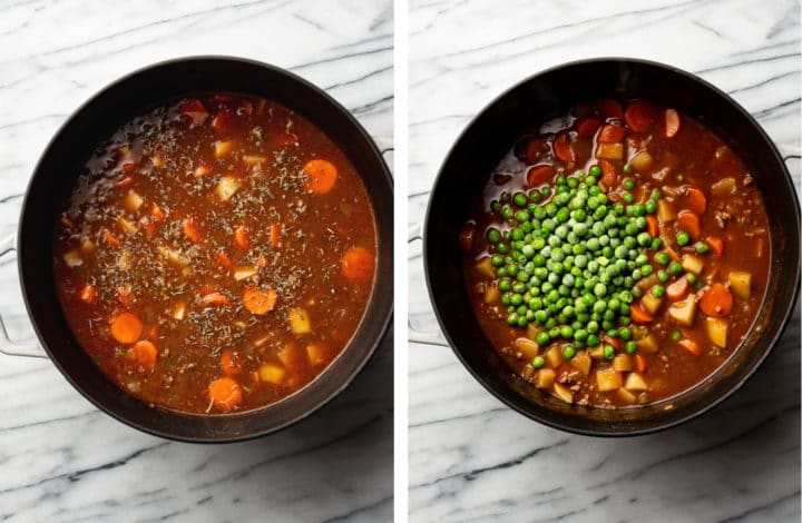 adding in potatoes, carrots, peas, and broth to hamburger stew