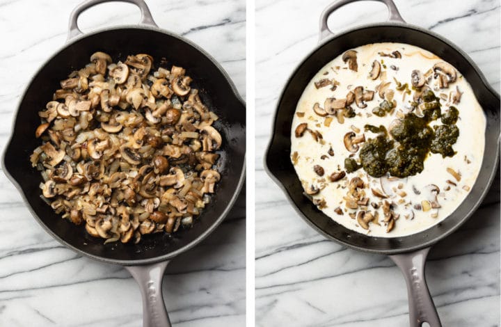 sauteing mushrooms and adding pesto to a skillet for leftover turkey pasta bake