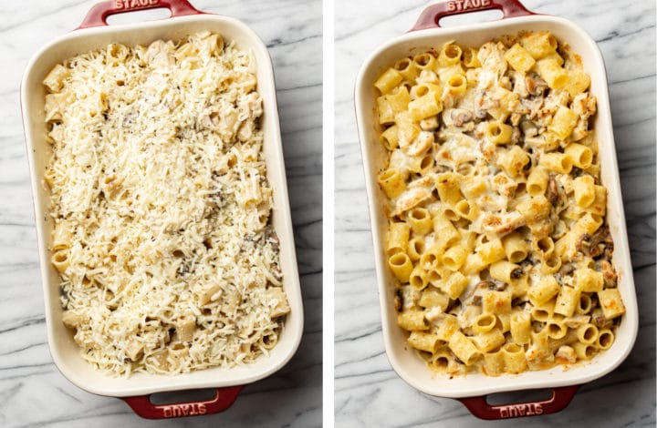 leftover turkey pasta bake before and after going in the oven