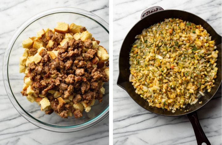 transferring sausage to a bowl and sauteing apples, onion, and celery for sausage stuffing