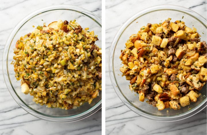 transferring ingredients for sausage stuffing to glass mixing bowl