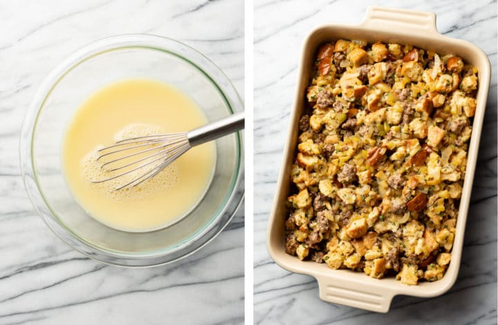 whisking egg in a glass bowl and adding to casserole dish with sausage stuffing