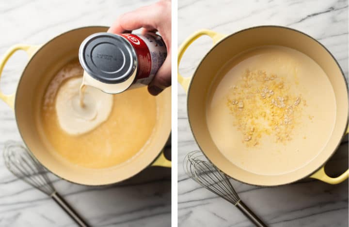 adding evaporated milk and seasonings to the sauce for stovetop mac and cheese