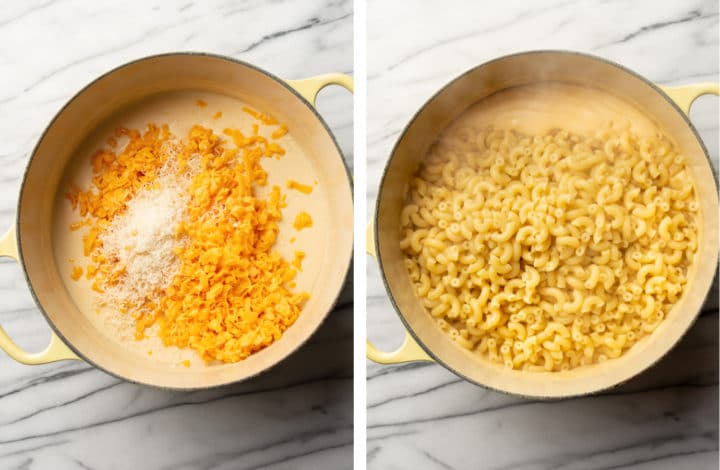 adding cheddar cheese, parmesan cheese, and macaroni in making stovetop mac and cheese