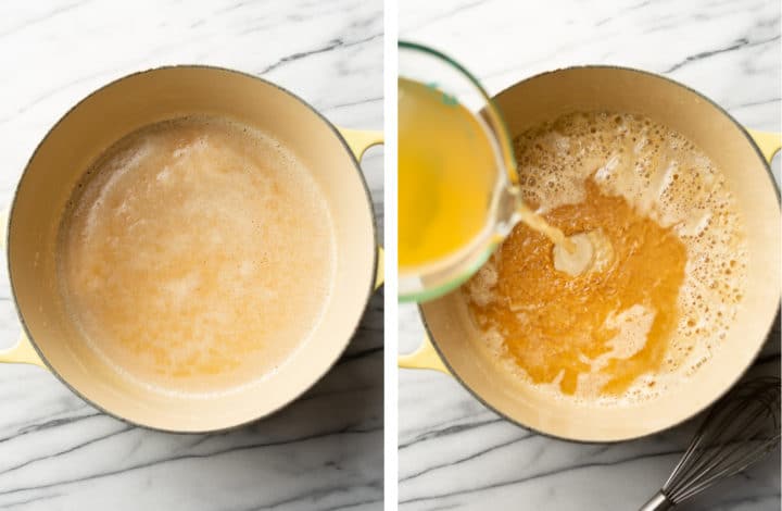 pouring chicken broth into the saucepan to make easy turkey gravy