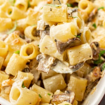 close-up of leftover turkey pasta bake in a casserole dish