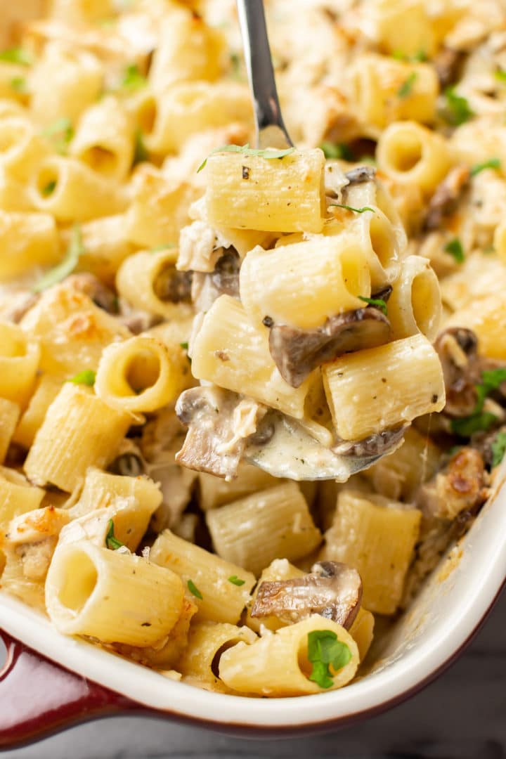 close-up of leftover turkey pasta bake in a casserole dish