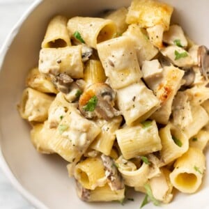 close-up of a bowl of leftover creamy turkey pasta bake