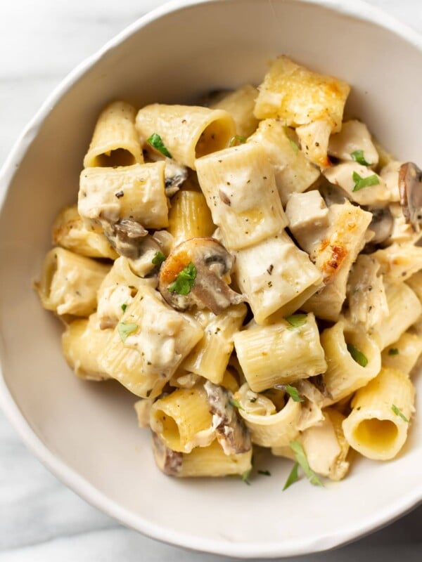 close-up of a bowl of leftover creamy turkey pasta bake