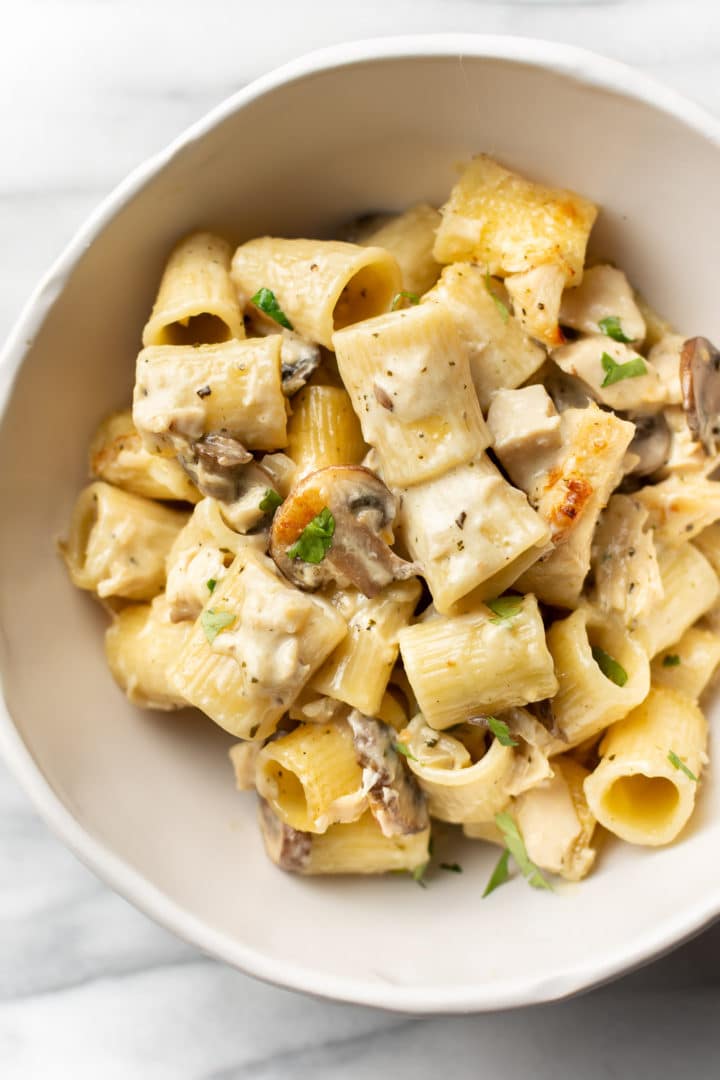 close-up of a bowl of leftover creamy turkey pasta bake