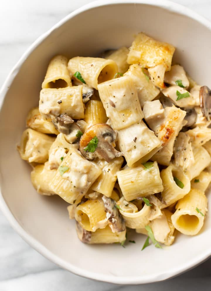 close-up of a bowl of leftover creamy turkey pasta bake