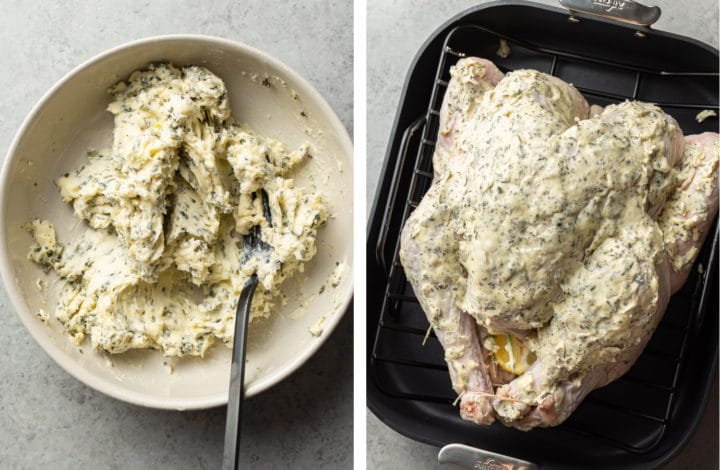 how to roast a turkey prep photos with garlic herb butter and a prepped turkey in a roasting pan