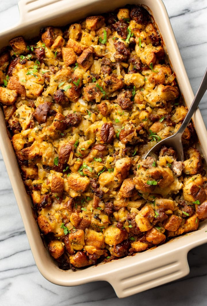 sausage stuffing in a casserole dish