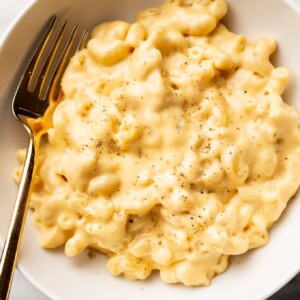 close-up of creamy stovetop mac and cheese in a white bowl