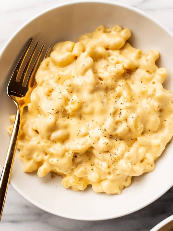 close-up of creamy stovetop mac and cheese in a white bowl