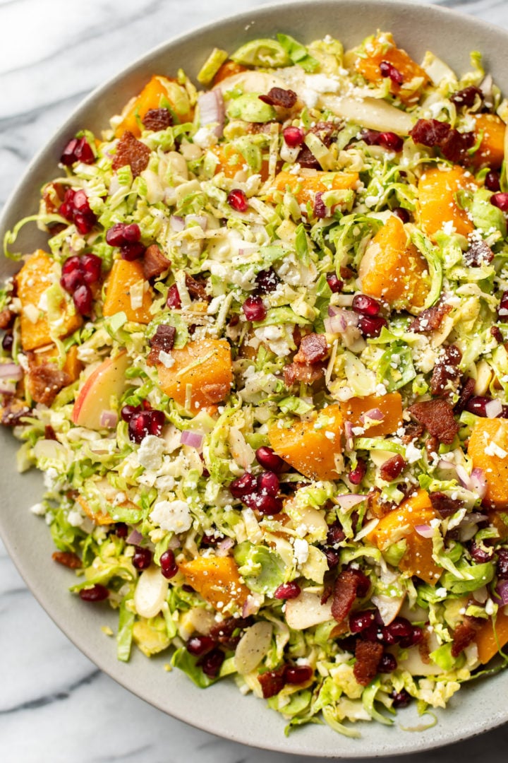 close-up of Thanksgiving shaved Brussels sprouts salad