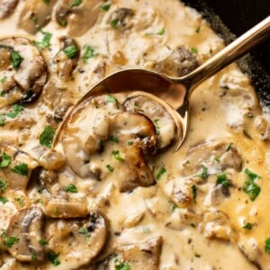 extreme close-up of creamy mushroom sauce in a cast iron skillet with a serving spoon