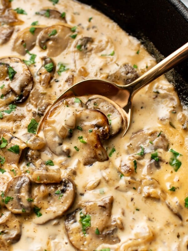 extreme close-up of creamy mushroom sauce in a cast iron skillet with a serving spoon