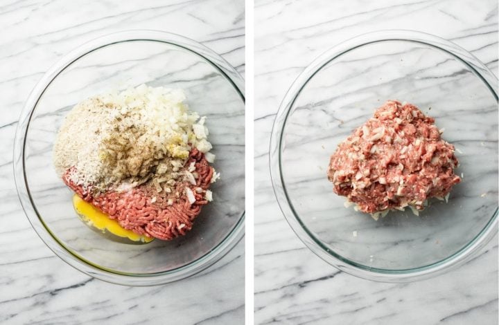 glass mixing bowls with ingredients for porcupine meatballs