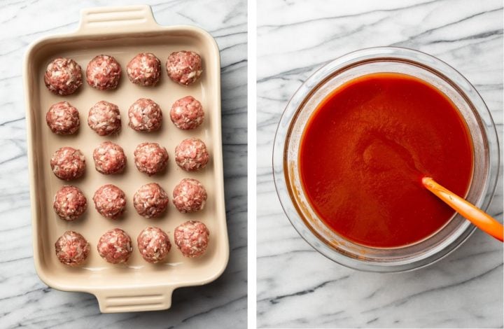 porcupine meatballs on a baking tray next to a glass bowl with sauce
