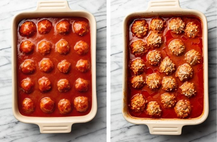 porcupine meatballs on a tray before and after baking