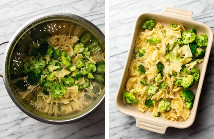 preparing broccoli and pasta noodles and adding to a baking dish for chicken noodle casserole