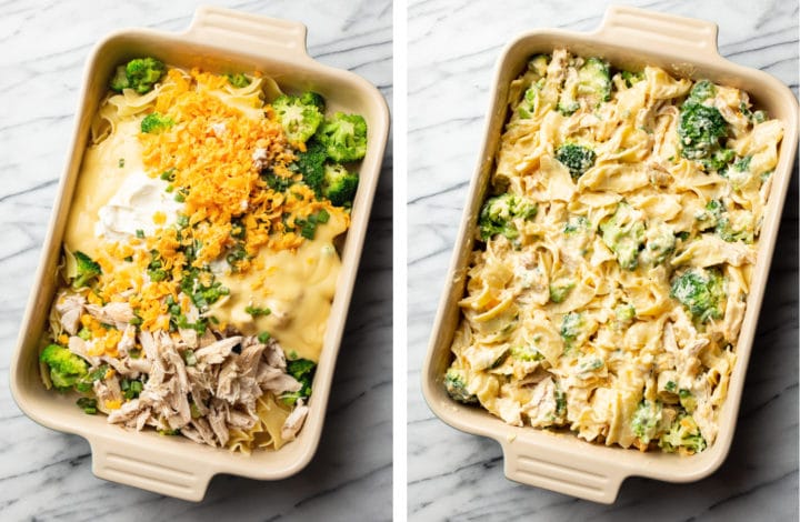 adding in ingredients over top of pasta in a baking dish for chicken noodle casserole