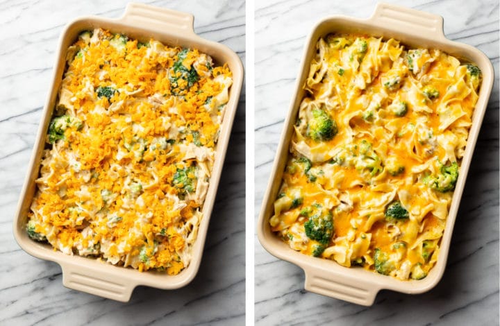 chicken noodle casserole before and after baking