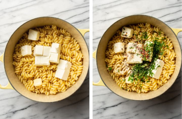 a large pot with pasta and seasonings for making cream cheese pasta