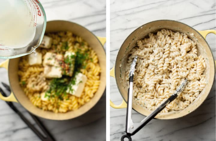 pouring in pasta water into a large pot and making cream cheese pasta sauce