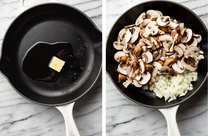 process photos of onions and sliced mushrooms in a cast iron skillet with butter