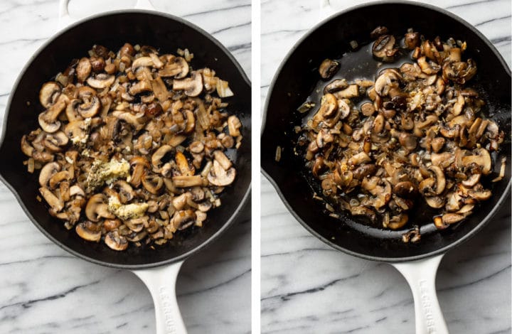 process shots of frying mushrooms and adding garlic and other seasonings to the skillet