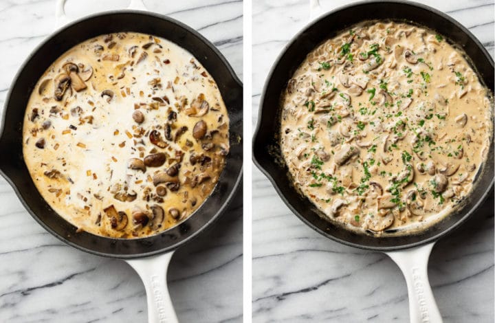 final stages of cooking creamy mushroom sauce in a skillet and adding cream