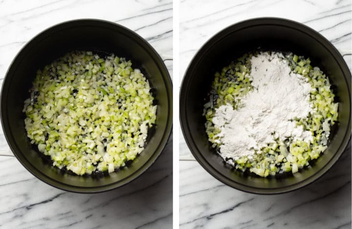 celery, onions, butter being fried and then making a flour roux