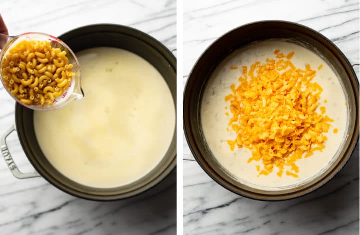 adding macaroni and cheddar cheese to a pot to make mac and cheese soup