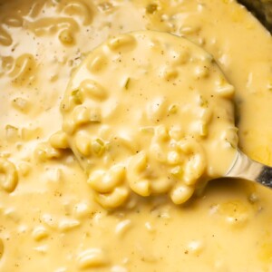 extreme close-up of a ladle with macaroni and cheese soup