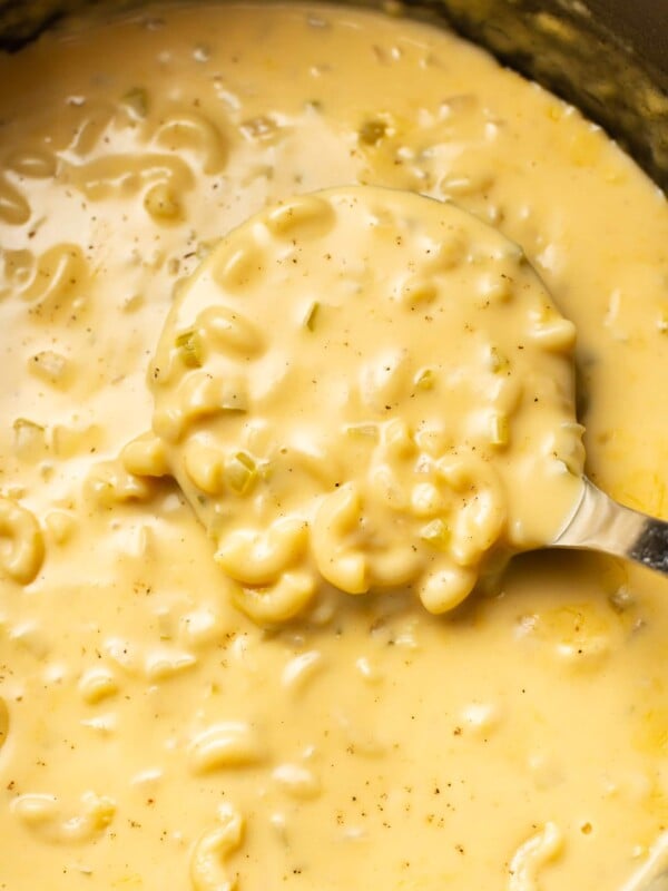 extreme close-up of a ladle with macaroni and cheese soup