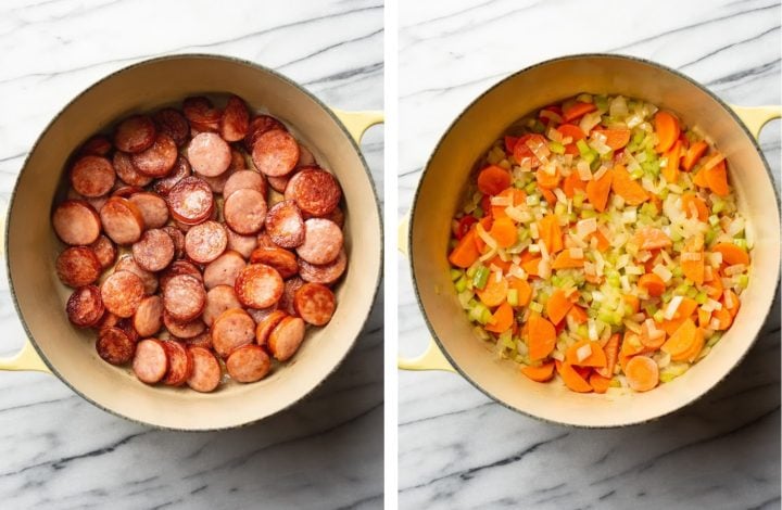 sausage slices in a pot and celery and carrots being cooked in a pot