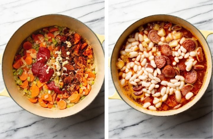 adding seasonings into a pot of stew and pot of stew with cannellini beans added