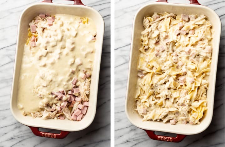 pouring cheese sauce into casserole dish for chicken cordon bleu casserole