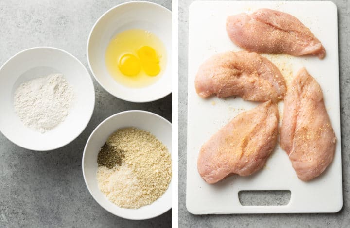 ingredient prep bowls and chicken on a cutting board to make easy parmesan chicken