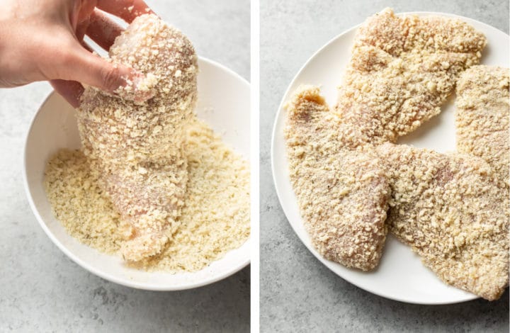 adding the panko breadcrumb coating to chicken for chicken parmesan recipe
