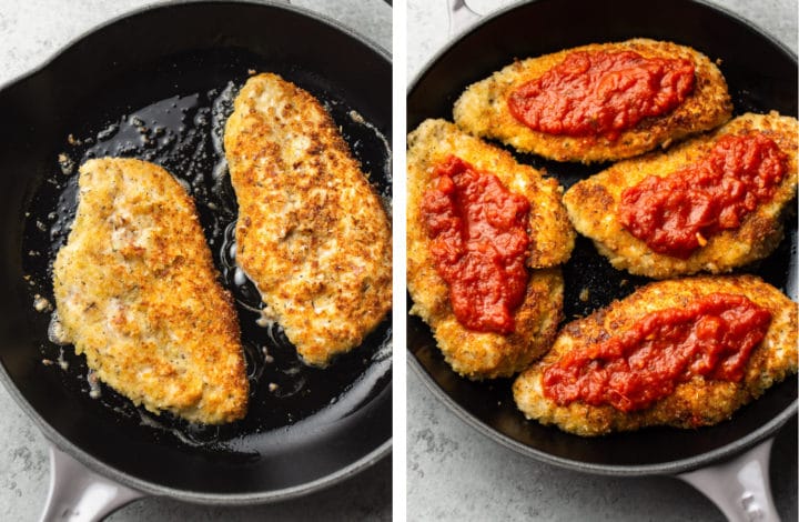 frying breaded chicken and then adding marinara sauce for the best chicken parmesan