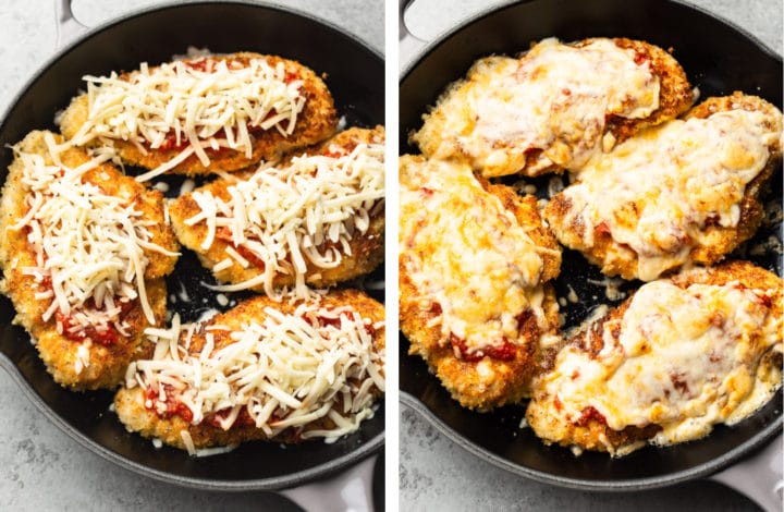 adding mozzarella cheese to chicken parmesan in a skillet