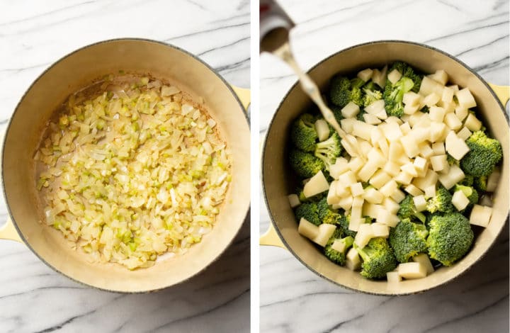 sauteing celery and onion and adding broth, broccoli, and potatoes to a soup pot for cream of broccoli soup