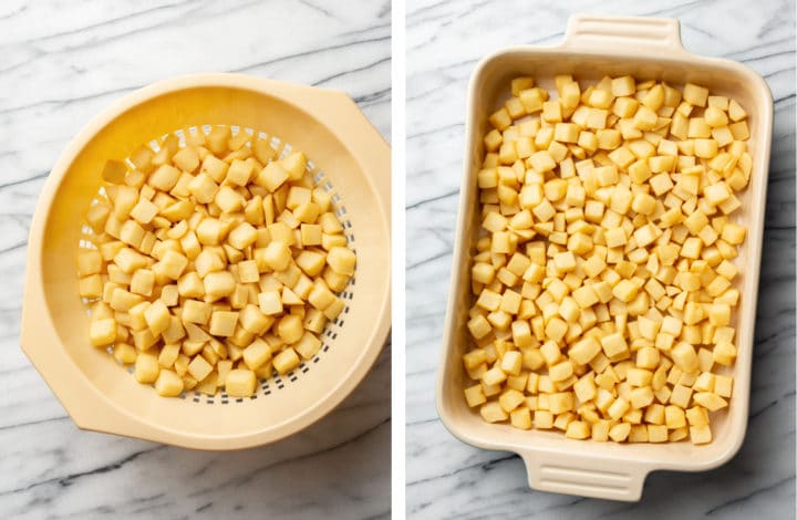 thawing hash brown potatoes and adding to baking dish for funeral potatoes