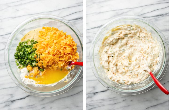 making cheesy sauce in a glass bowl for funeral potatoes recipe