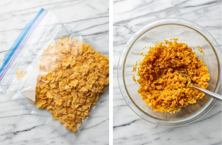 ziploc bag with corn flakes and a glass bowl with crushed corn flakes being mixed with butter