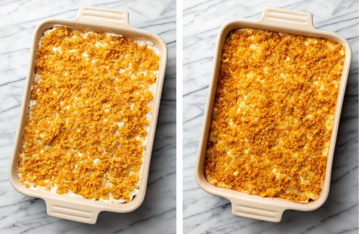 funeral potatoes in a casserole dish before and after baking